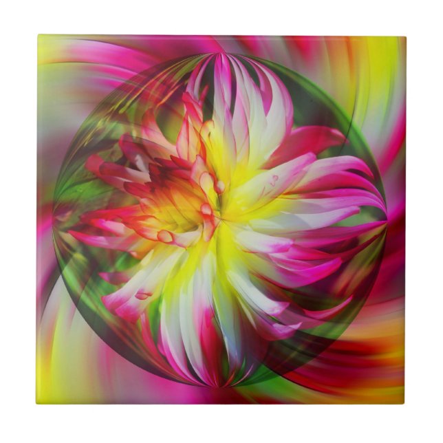Colourful Dahlia Floral Abstract Art Tile (Front)