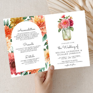 Colourful Dahlia Floral Mason Jar QR Code Wedding Invitation