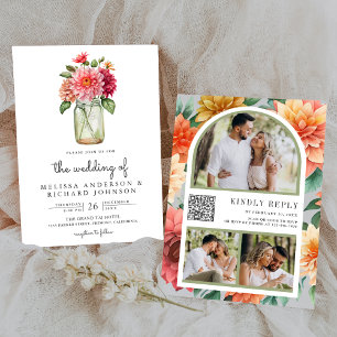 Colourful Dahlia Floral Mason Jar QR Code Wedding Invitation