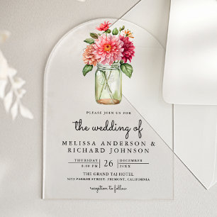 Colourful Dahlia Floral Mason Jar Wedding Acrylic Invitations