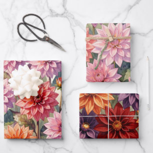 Colourful Dahlia Floral Spring Botanical Wrapping Paper Sheet