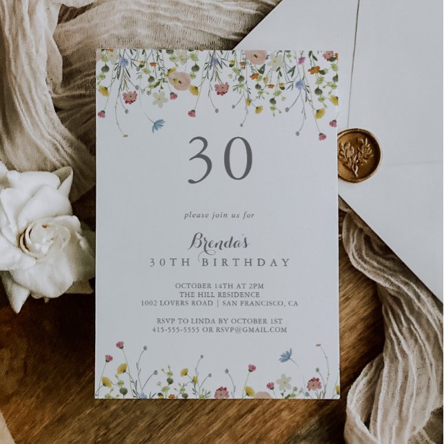 Colourful Dainty Wild Flowers 30th Birthday Party Invitation (Creator Uploaded)