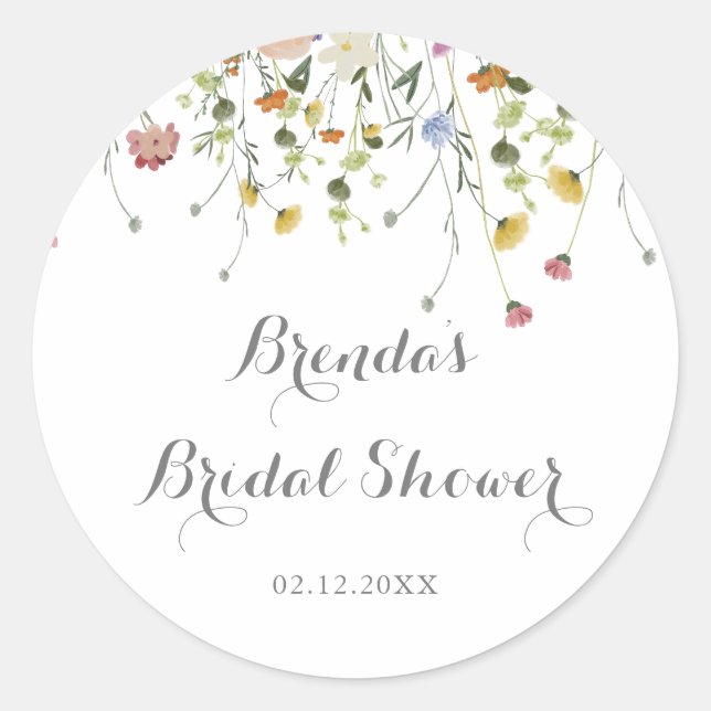 Colourful Dainty Wild Flowers Bridal Shower Favour Classic Round Sticker (Front)