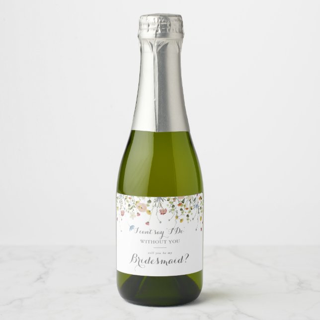 Colourful Dainty Wild Flowers Bridesmaid Proposal Sparkling Wine Label (Front)