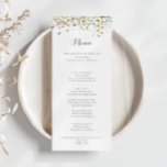 Colourful Dainty Wild Flowers Calligraphy Dinner Menu<br><div class="desc">This colourful dainty wild flowers calligraphy dinner menu card is perfect for a rustic wedding. The design features hand-painted watercolor beautiful pink,  blush,  blue,  navy,  yellow,  purple and green wild flowers.

This menu can be used for a wedding reception,  rehearsal dinner,  bridal shower or any event.</div>