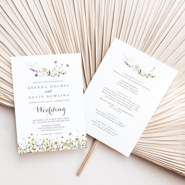 Colourful Dainty Wild Flowers Front & Back Wedding Invitation (Creator Uploaded)