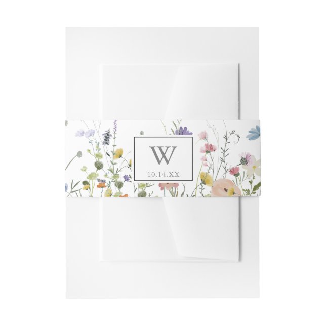 Colourful Dainty Wild Flowers Monogram Wedding  Invitation Belly Band (Front Example)