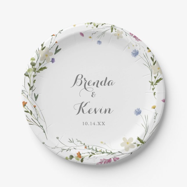 Colourful Dainty Wild Flowers Wedding Cake Paper Plate (Front)