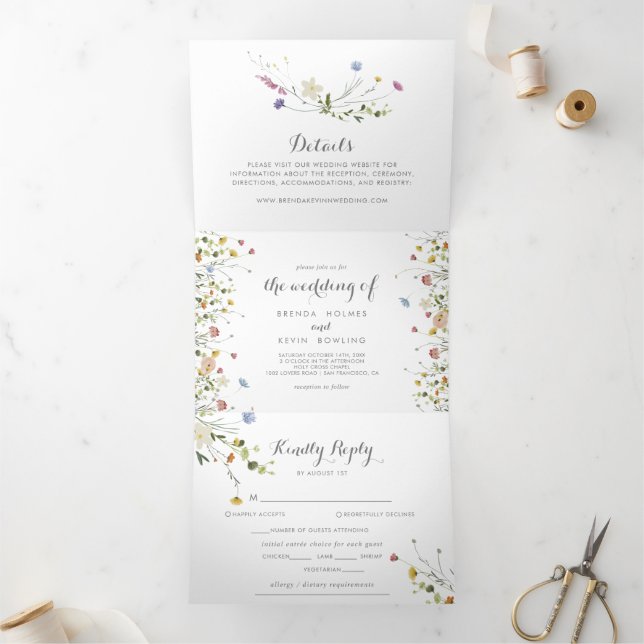 Colourful Dainty Wild Flowers Wedding Tri-Fold Invitation (Inside)