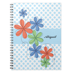 Colourful daisies, blue polka dots, personalised notebook