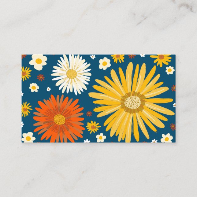 Colourful Daisies Deep Blue Business Card (Front)