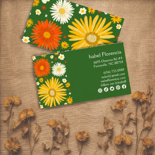 Colourful Daisies Deep Green Social Media Icons  Business Card