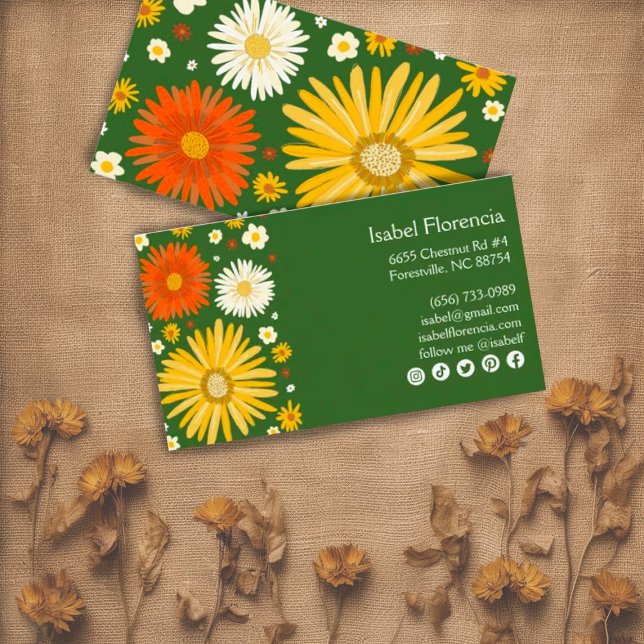 Colourful Daisies Deep Green Social Media Icons  Business Card (Creator Uploaded)