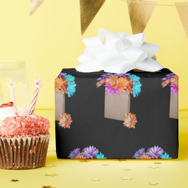 Colourful Daisies In Brown Bag Wrapping Paper (Birthday Party)