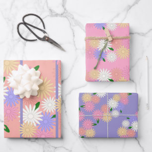 Colourful Daisies on Soft Peach and Jungle Mist Wrapping Paper Sheet