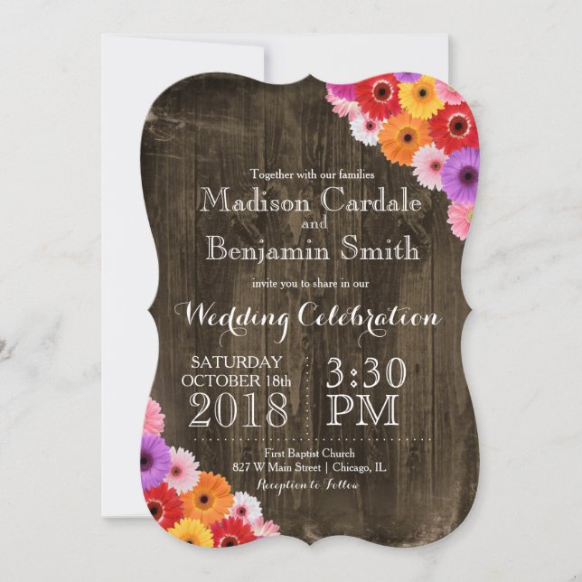 Colourful Daisies Rustic Barn Wood Wedding Invites (Front)
