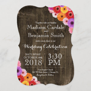 Colourful Daisies Rustic Barn Wood Wedding Invites
