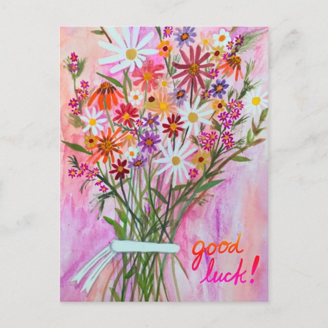 Colourful Daisy Bouquet GOOD LUCK Postcard (Front)