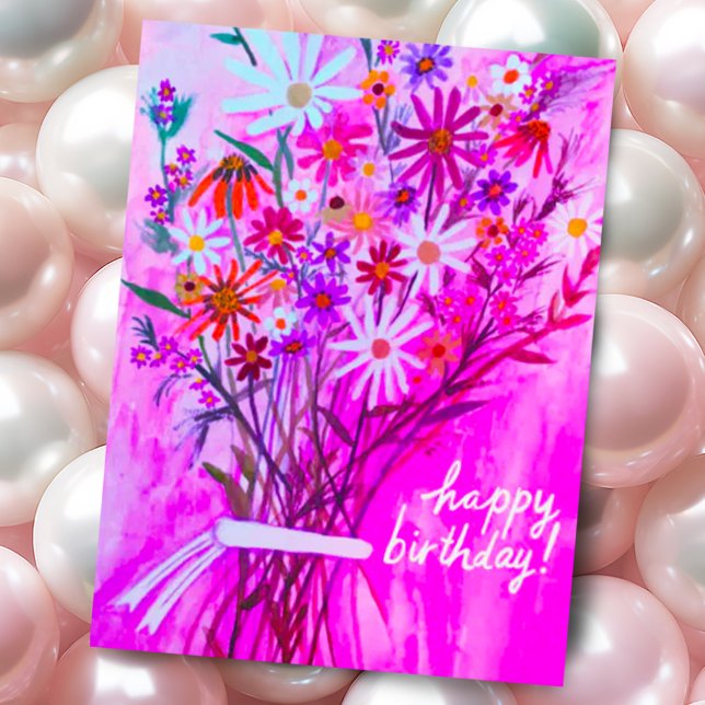 Colourful Daisy Bouquet Happy Birthday Purple Postcard (Colorful pink purple watercolor hand painted daisy wildflower bouquet custom birthday postcard)