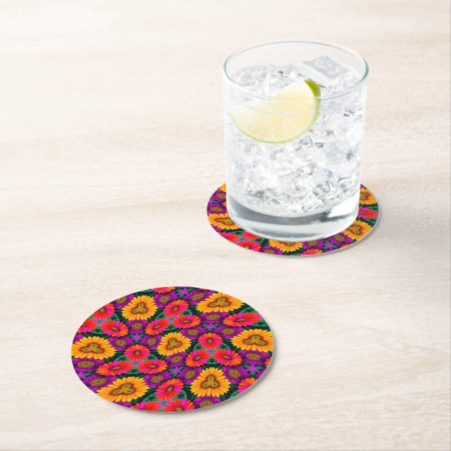 Colourful Daisy Bouquet Pattern Round Paper Coaster (Insitu)