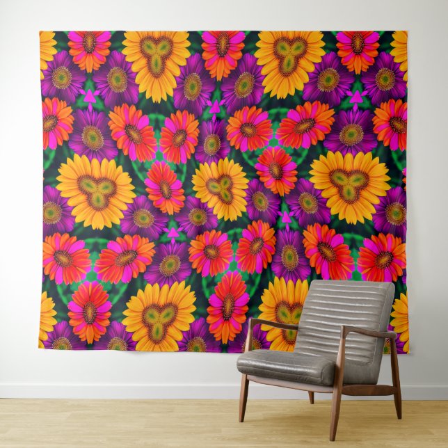 Colourful Daisy Bouquet Pattern Tapestry (In Situ (Horizontal))
