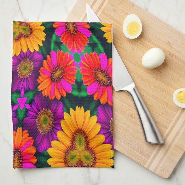 Colourful Daisy Bouquet Pattern Tea Towel (Quarter Fold)