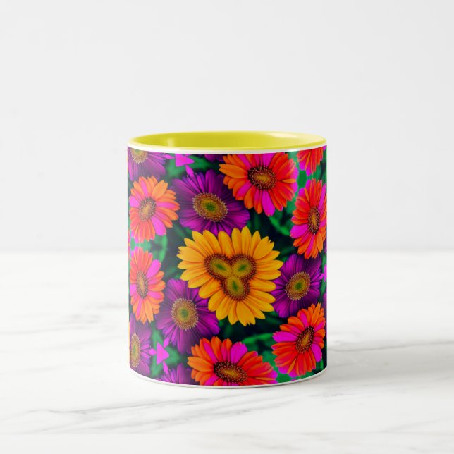 Colourful Daisy Bouquet Pattern Two-Tone Coffee Mug (Center)