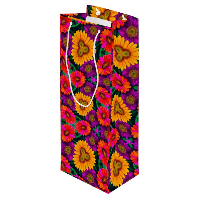 Colourful Daisy Bouquet Pattern Wine Gift Bag (Back Angled)