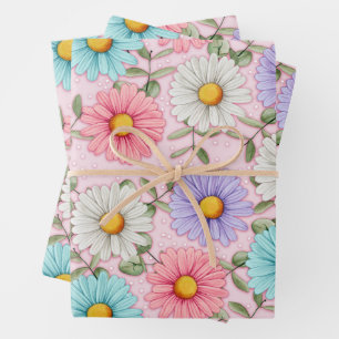 Colourful Daisy Flowers Pink Wrapping Paper Sheet