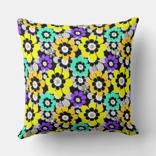 Colourful daisy flowers Yellow Turquoise Purple Cushion