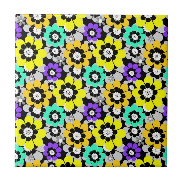Colourful daisy flowers Yellow Turquoise Purple  Tile (Front)