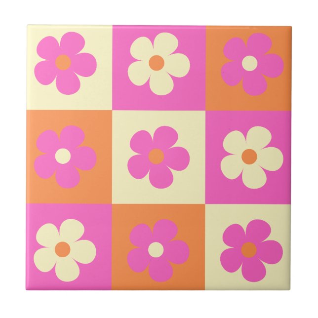 Colourful Daisy Pattern Retro BOHO Chic Floral Tile (Front)