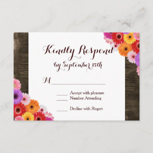 Colourful Daisy Rustic Barn Wood Wedding RSVP Card