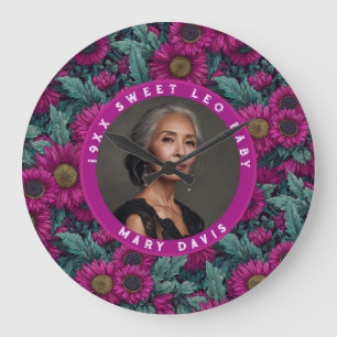 Colourful Daisy Women Birthday Event Purple Large Clock