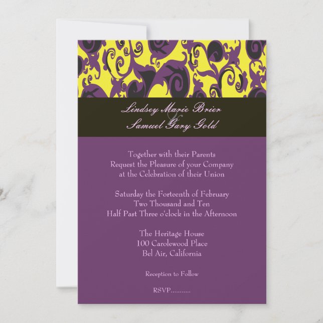 Colourful Damask/plum/yellow/black/lavender Invitation (Front)