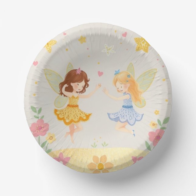 Colourful Dancing Floral Fairies1 & Gold Glitter Paper Plate (Front)