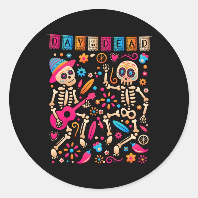 Colourful Dancing Mexican Skeletons - Cute Day Of  Classic Round Sticker (Front)