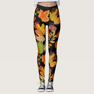 Colourful Dark Autumn Leaves Botanical Floral Leggings