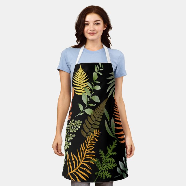 Colourful Dark Fern Botanical Foliage Floral  Apron (Worn)