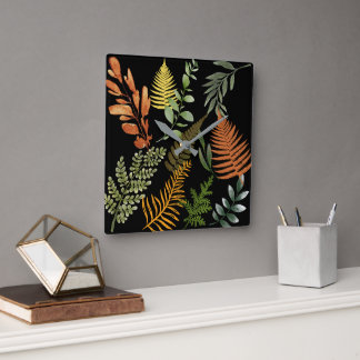 Colourful Dark Fern Botanical Foliage Floral Square Wall Clock