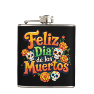 Colourful Day of the Dead Candy Skulls Marigolds Hip Flask