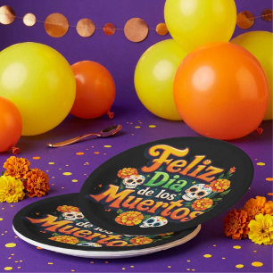 Colourful Day of the Dead Candy Skulls Marigolds Paper Plate
