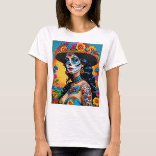 Colourful Day of the Dead Floral Skull Art Tee