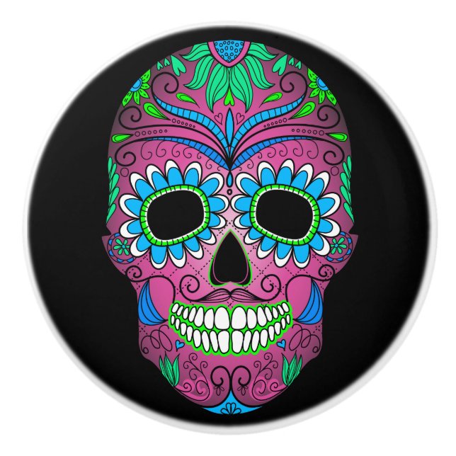 Colourful Day of the Dead Grunge Sugar Skull Ceramic Knob (Front)