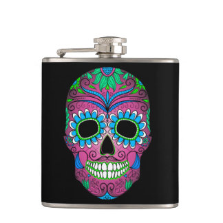 Colourful Day of the Dead Grunge Sugar Skull Hip Flask