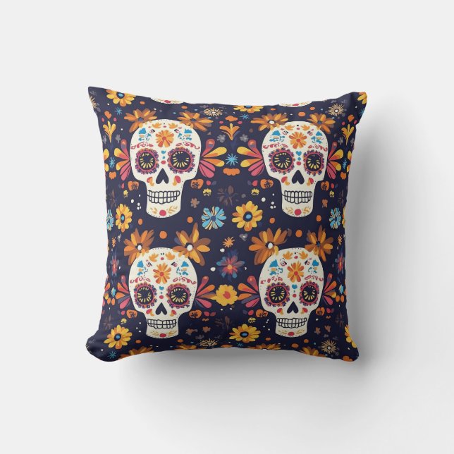 Colourful day of the dead sugar skull cushion (Front)
