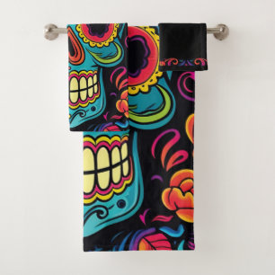 Colourful Day of the Dead Sugar Skull Halloween Bath Towel Set