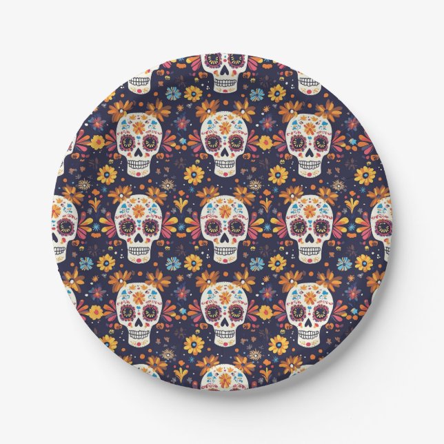 Colourful day of the dead sugar skull seamless pat paper plate (Front)