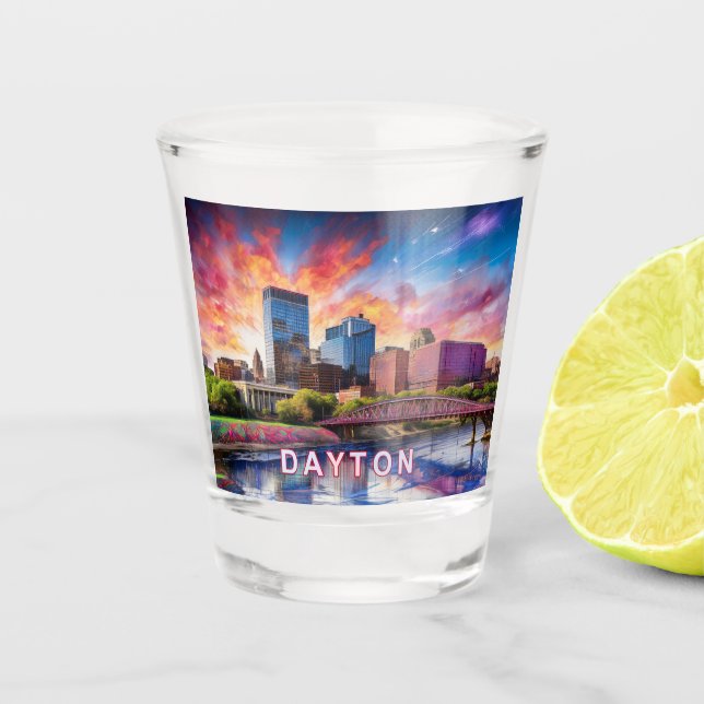 Colourful Dayton Skyline Abstract Art Shot Glass (Front)