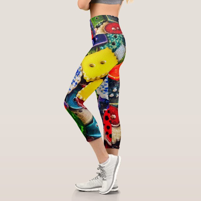 Colourful Decorative Buttons Capri Leggings (Left)
